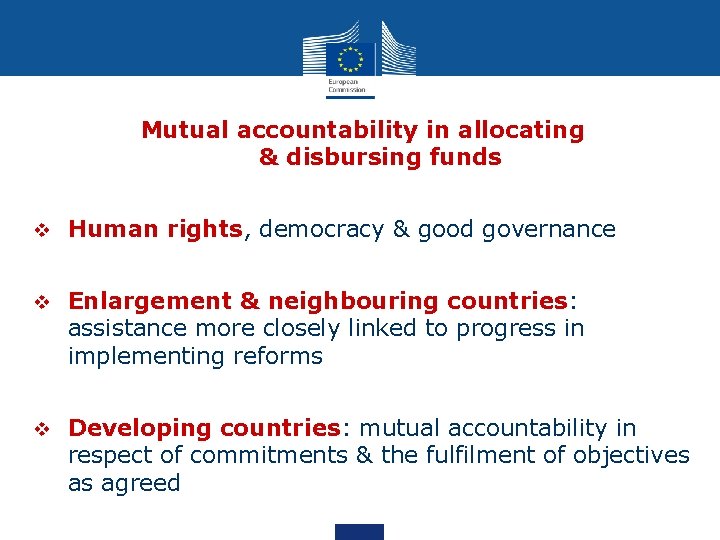Mutual accountability in allocating & disbursing funds v Human rights, democracy & good governance
