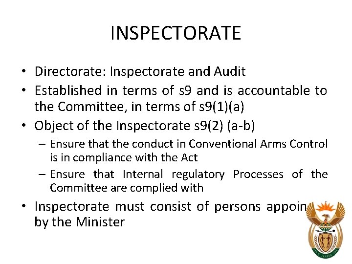INSPECTORATE • Directorate: Inspectorate and Audit • Established in terms of s 9 and INSPECTORATE • Directorate: Inspectorate and Audit • Established in terms of s 9 and