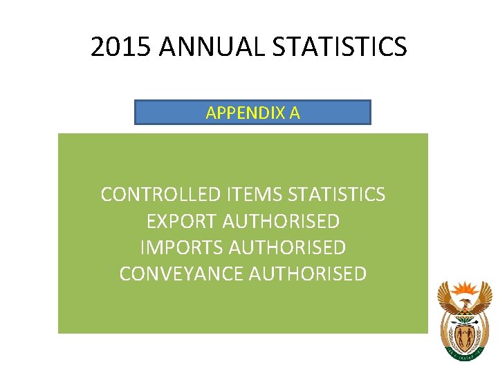 2015 ANNUAL STATISTICS APPENDIX A CONTROLLED ITEMS STATISTICS EXPORT AUTHORISED IMPORTS AUTHORISED CONVEYANCE AUTHORISED 2015 ANNUAL STATISTICS APPENDIX A CONTROLLED ITEMS STATISTICS EXPORT AUTHORISED IMPORTS AUTHORISED CONVEYANCE AUTHORISED