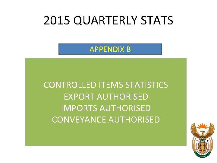 2015 QUARTERLY STATS APPENDIX B CONTROLLED ITEMS STATISTICS EXPORT AUTHORISED IMPORTS AUTHORISED CONVEYANCE AUTHORISED 2015 QUARTERLY STATS APPENDIX B CONTROLLED ITEMS STATISTICS EXPORT AUTHORISED IMPORTS AUTHORISED CONVEYANCE AUTHORISED