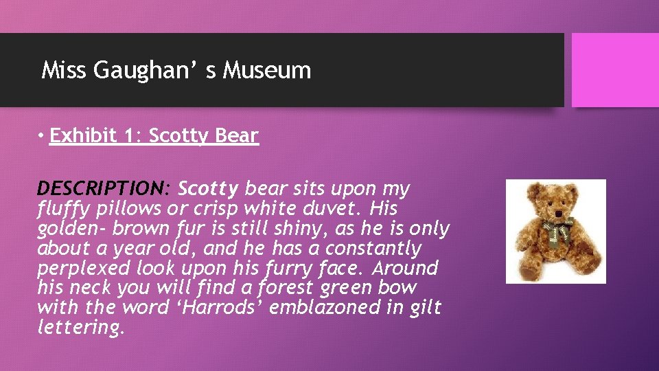 Miss Gaughan’ s Museum • Exhibit 1: Scotty Bear DESCRIPTION: Scotty bear sits upon