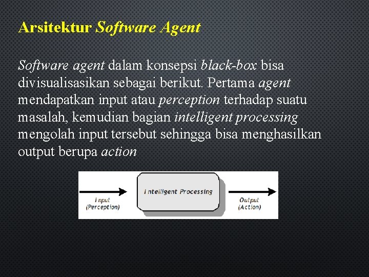 Arsitektur Software Agent Software agent dalam konsepsi black-box bisa divisualisasikan sebagai berikut. Pertama agent