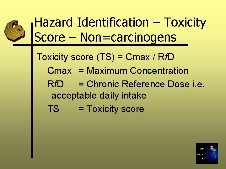 Hazard Identification – Toxicity Score – Non=carcinogens Toxicity score (TS) = Cmax / Rf.