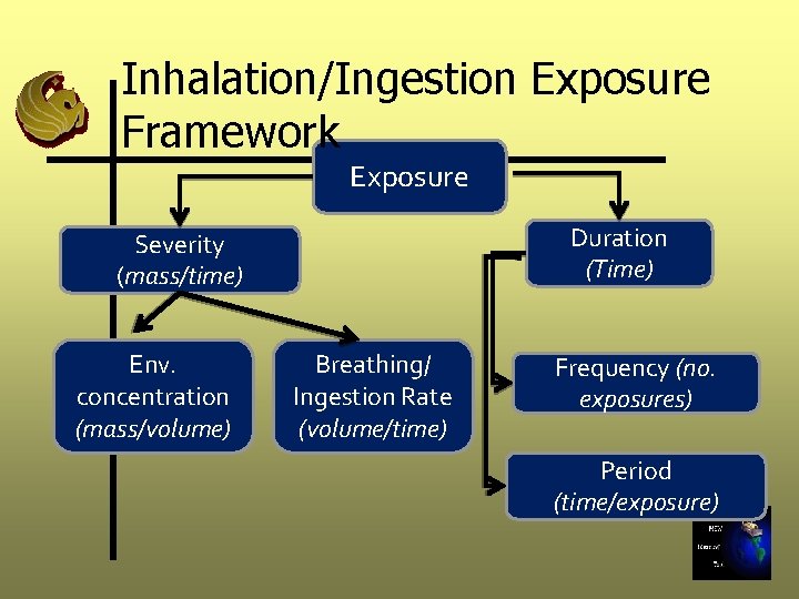 Inhalation/Ingestion Exposure Framework Exposure Duration (Time) Severity (mass/time) Env. concentration (mass/volume) Breathing/ Ingestion Rate