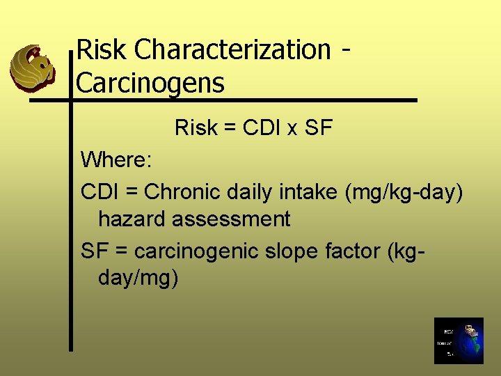 Risk Characterization Carcinogens Risk = CDI x SF Where: CDI = Chronic daily intake