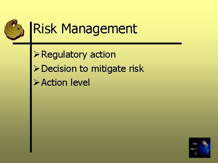 Risk Management Ø Regulatory action Ø Decision to mitigate risk Ø Action level 
