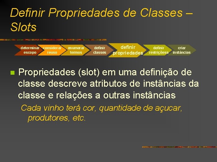 Definir Propriedades de Classes – Slots determinar considerar escopo reuso n enumerar termos definir