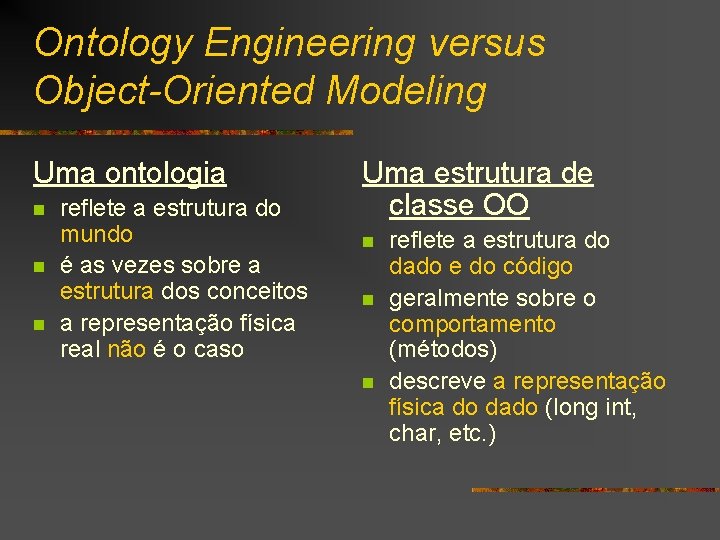 Ontology Engineering versus Object-Oriented Modeling Uma ontologia n n n reflete a estrutura do