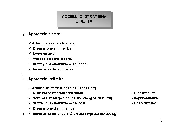 MODELLI DI STRATEGIA DIRETTA Approccio diretto ü Attacco al confine/frontale ü Dissuasione simmetrica ü