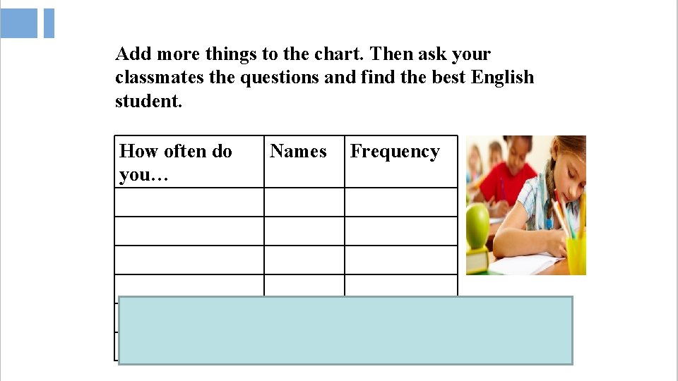 Add more things to the chart. Then ask your classmates the questions and find