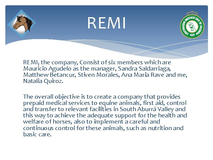 REMI, the company, Consist of six members which are Mauricio Agudelo as the manager,