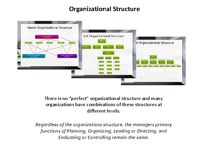 Organizational Structure There is no “perfect” organizational structure and many organizations have combinations of