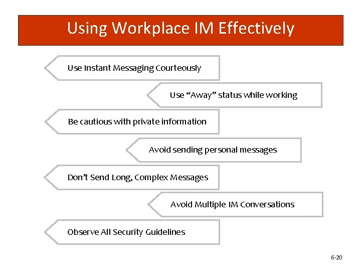 Using Workplace IM Effectively Use Instant Messaging Courteously Use “Away” status while working Be