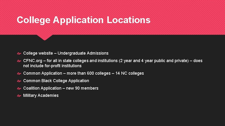 College Application Locations College website – Undergraduate Admissions CFNC. org – for all in