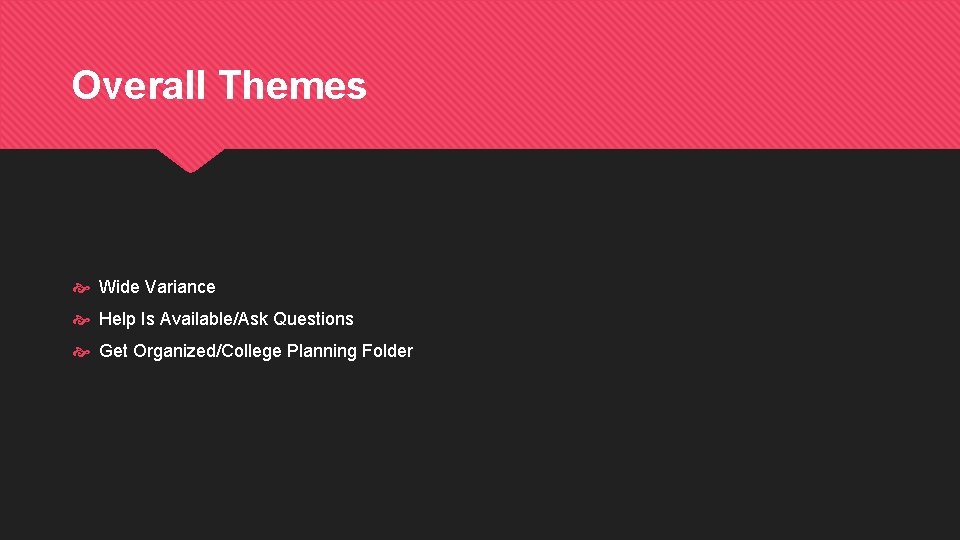 Overall Themes Wide Variance Help Is Available/Ask Questions Get Organized/College Planning Folder 