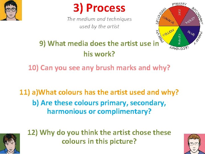 3) Process The medium and techniques used by the artist 9) What media does
