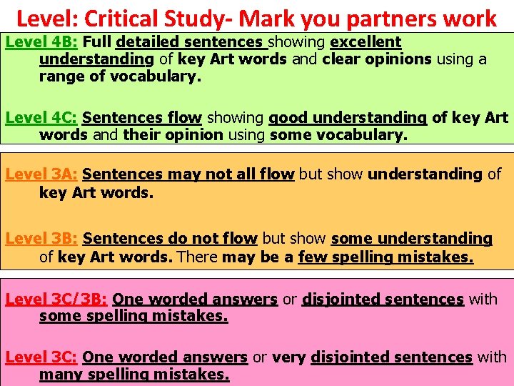 Level: Critical Study- Mark you partners work Level 4 B: Full detailed sentences showing