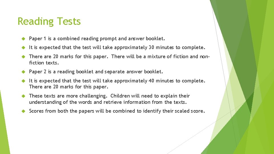 Reading Tests Paper 1 is a combined reading prompt and answer booklet. It is