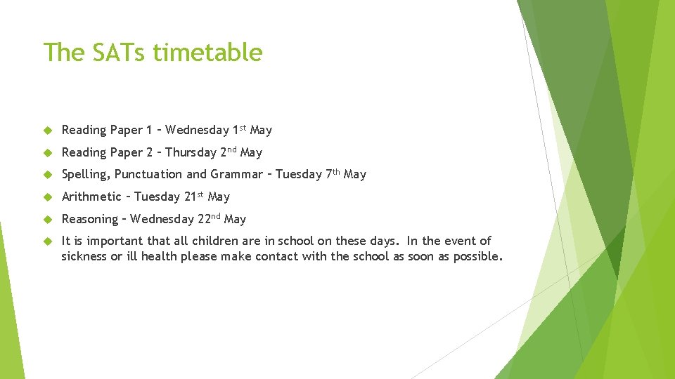 The SATs timetable Reading Paper 1 – Wednesday 1 st May Reading Paper 2