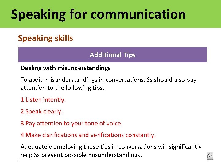 Speaking for communication Speaking skills Additional Tips Dealing with misunderstandings To avoid misunderstandings in