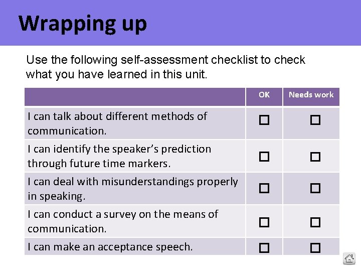 Wrapping up Use the following self-assessment checklist to check what you have learned in
