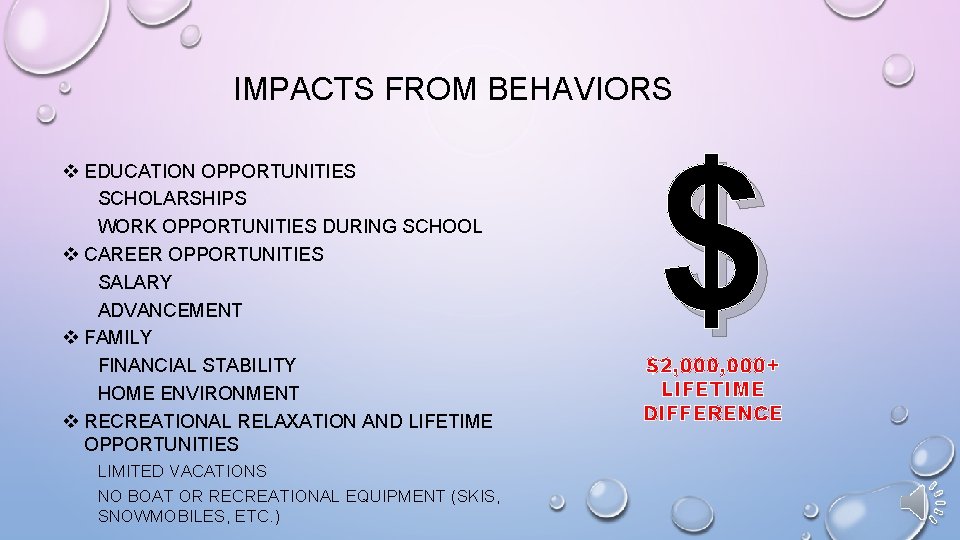 IMPACTS FROM BEHAVIORS v EDUCATION OPPORTUNITIES SCHOLARSHIPS WORK OPPORTUNITIES DURING SCHOOL v CAREER OPPORTUNITIES