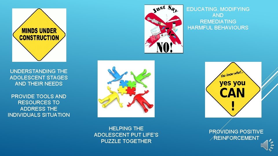 EDUCATING, MODIFYING AND REMEDIATING HARMFUL BEHAVIOURS UNDERSTANDING THE ADOLESCENT STAGES AND THEIR NEEDS PROVIDE