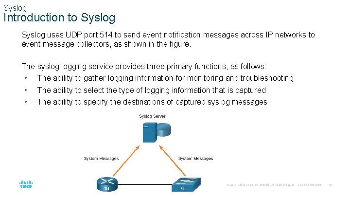 Syslog Introduction to Syslog uses UDP port 514 to send event notification messages across