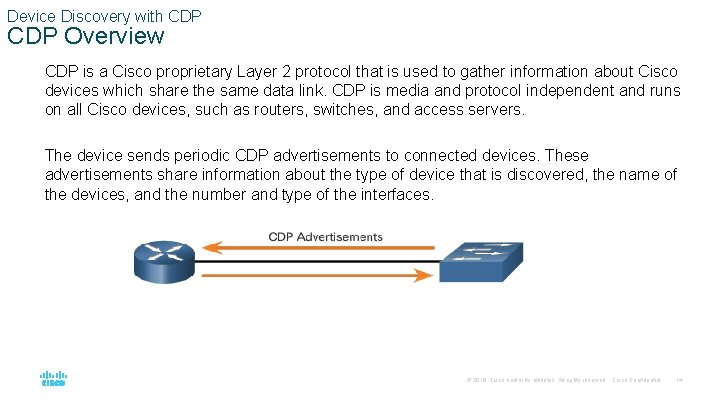 Device Discovery with CDP Overview CDP is a Cisco proprietary Layer 2 protocol that