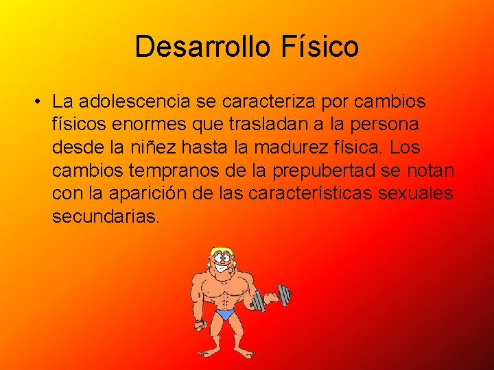 Desarrollo Físico • La adolescencia se caracteriza por cambios físicos enormes que trasladan a