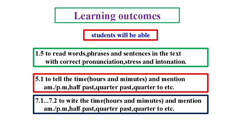 Learning outcomes students will be able 1. 5 to read words, phrases and sentences