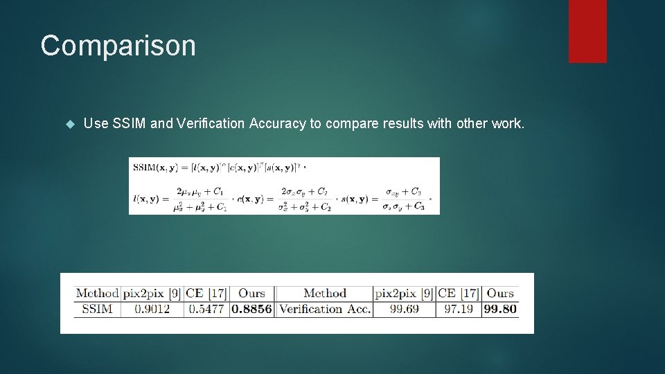 Comparison Use SSIM and Verification Accuracy to compare results with other work. 