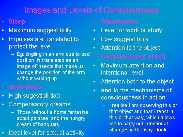 Images and Levels of Consciousness • Sleep • Maximum suggestibility • Impulses are translated