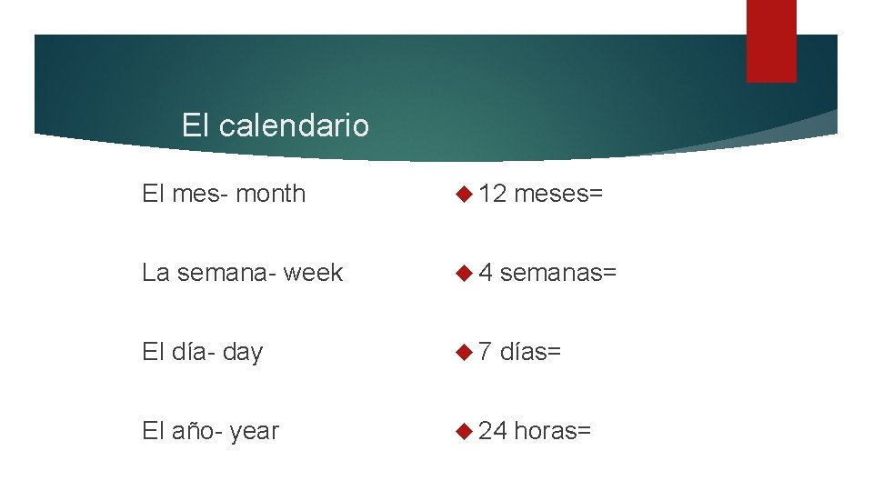 El calendario El mes- month 12 meses= La semana- week 4 semanas= El día-