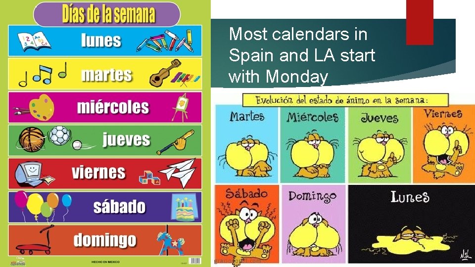 Most calendars in Spain and LA start with Monday 