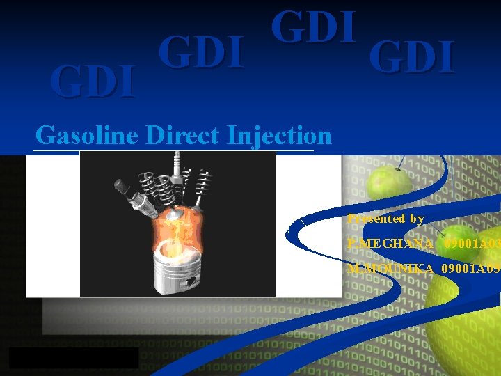 GDI GDI Gasoline Direct Injection Presented by P. MEGHANA 09001 A 03 M. MOUNIKA