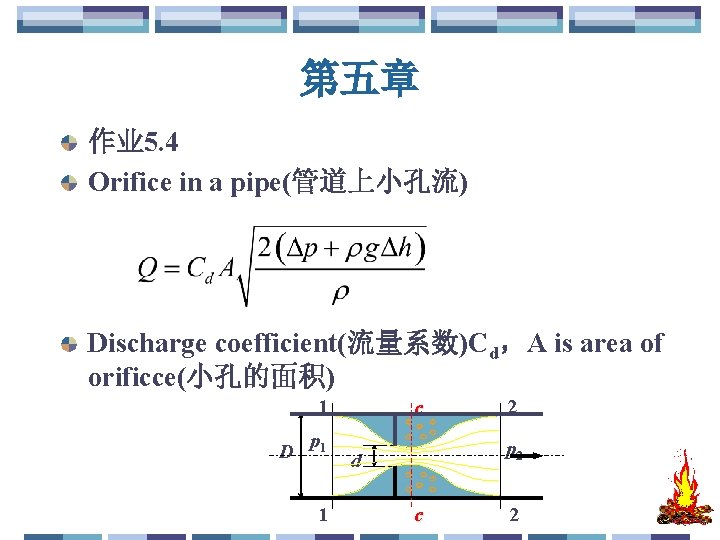 第五章 作业 5. 4 Orifice in a pipe(管道上小孔流) Discharge coefficient(流量系数)Cd，A is area of orificce(小孔的面积)