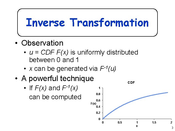 Inverse Transformation • Observation • u = CDF F(x) is uniformly distributed between 0