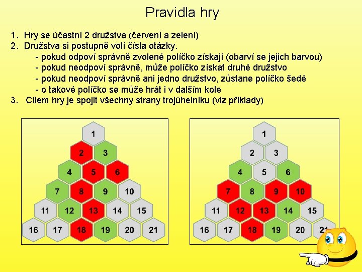 Pravidla hry 1. Hry se účastní 2 družstva (červení a zelení) 2. Družstva si