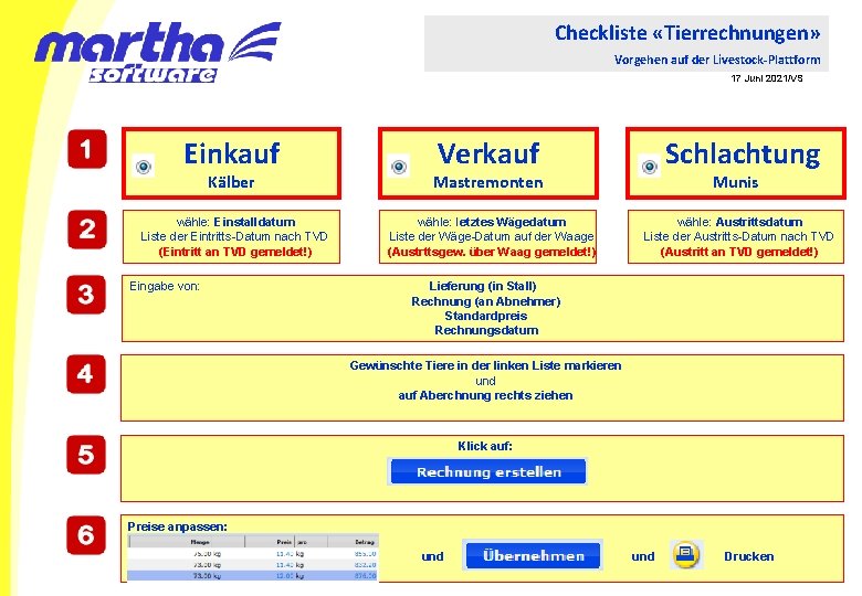 Checkliste «Tierrechnungen» Vorgehen auf der Livestock-Plattform 17 Juni 2021/VS Einkauf Verkauf Kälber Schlachtung Mastremonten
