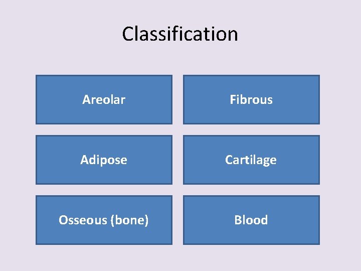 Classification Areolar Fibrous Adipose Cartilage Osseous (bone) Blood 