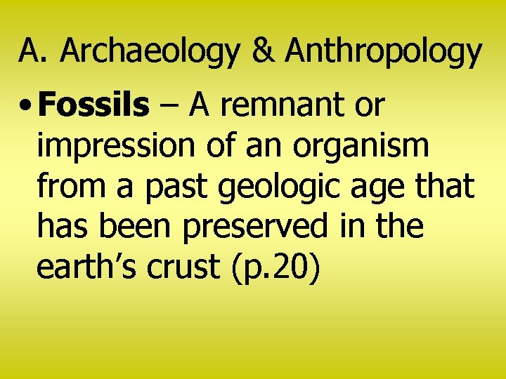A. Archaeology & Anthropology • Fossils – A remnant or impression of an organism