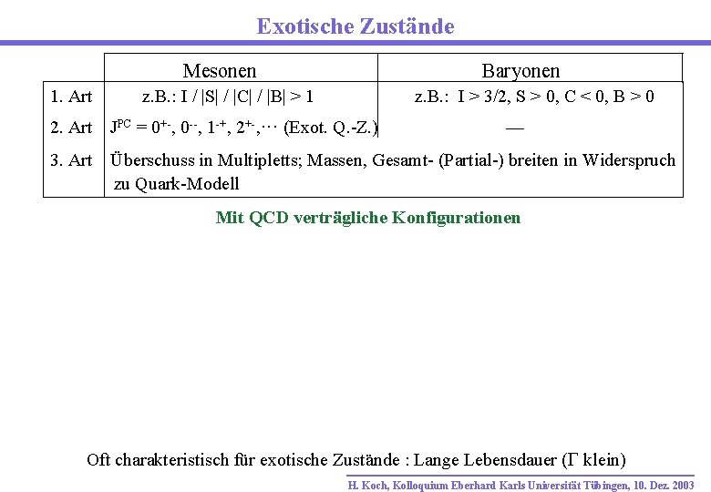 Exotische Zustände Mesonen 1. Art Baryonen z. B. : I / |S| / |C|
