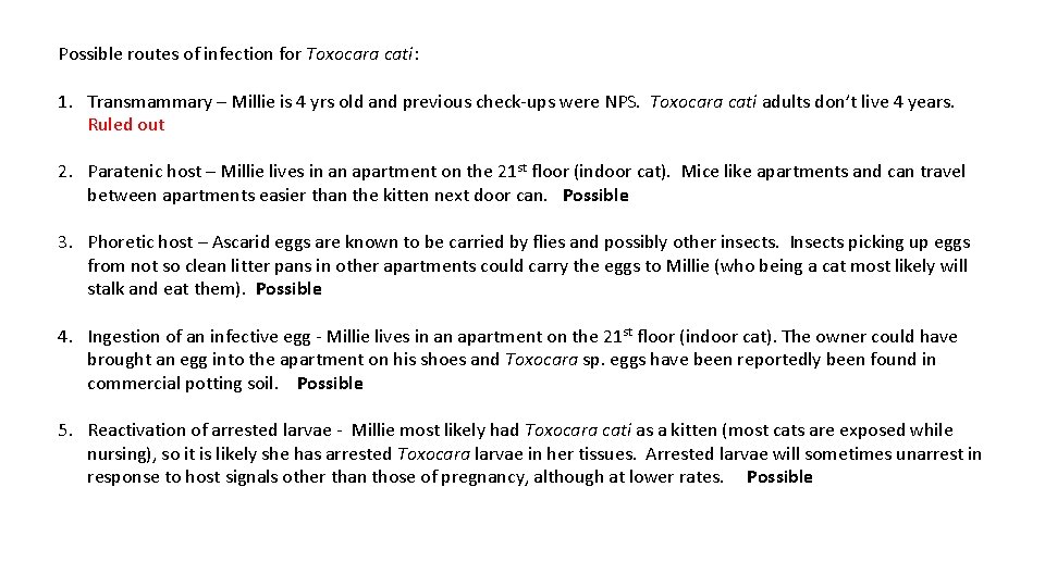 Possible routes of infection for Toxocara cati: 1. Transmammary – Millie is 4 yrs