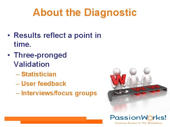 About the Diagnostic • Results reflect a point in time. • Three-pronged Validation –