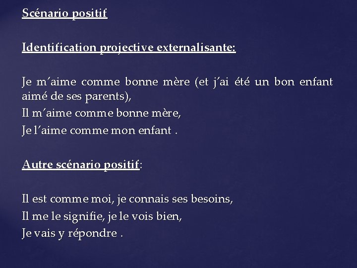 Scénario positif Identification projective externalisante: Je m’aime comme bonne mère (et j’ai été un