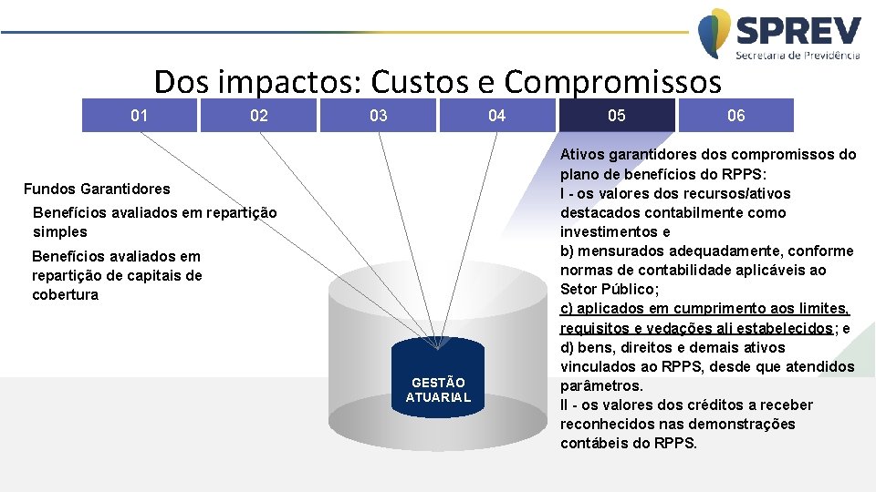 Dos impactos: Custos e Compromissos 01 02 03 04 Fundos Garantidores Benefícios avaliados em