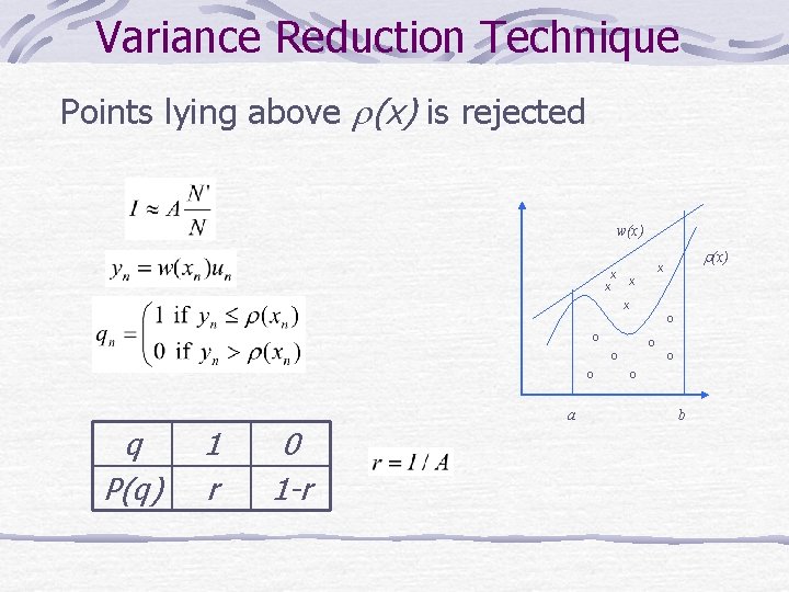 Variance Reduction Technique Points lying above r(x) is rejected w(x) X X r(x) X