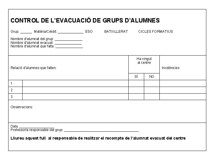 CONTROL DE L’EVACUACIÓ DE GRUPS D’ALUMNES Grup: ______ Matèria/Crèdit: _______ ESO BATXILLERAT CICLES FORMATIUS