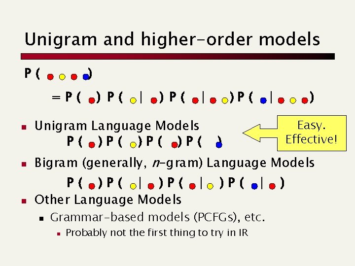 Unigram and higher-order models P( ) =P( n n n ) P( | Unigram